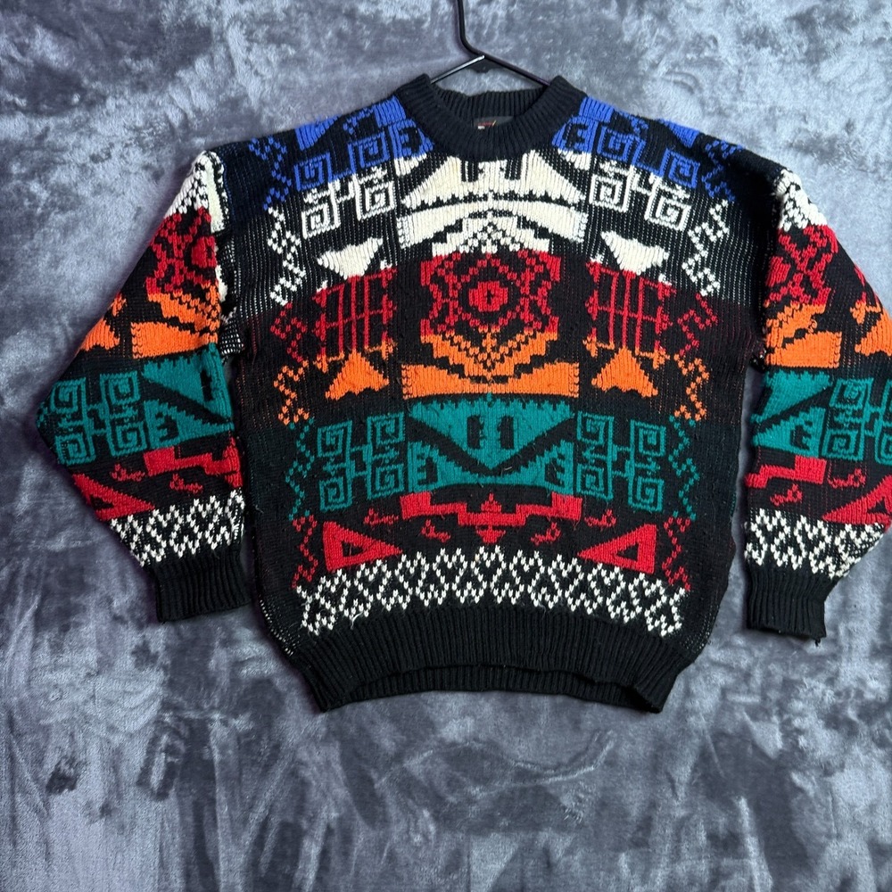 Vintage Blot Knit Geometric Long Sleeve Multi Color Pullover Sweater Size Large